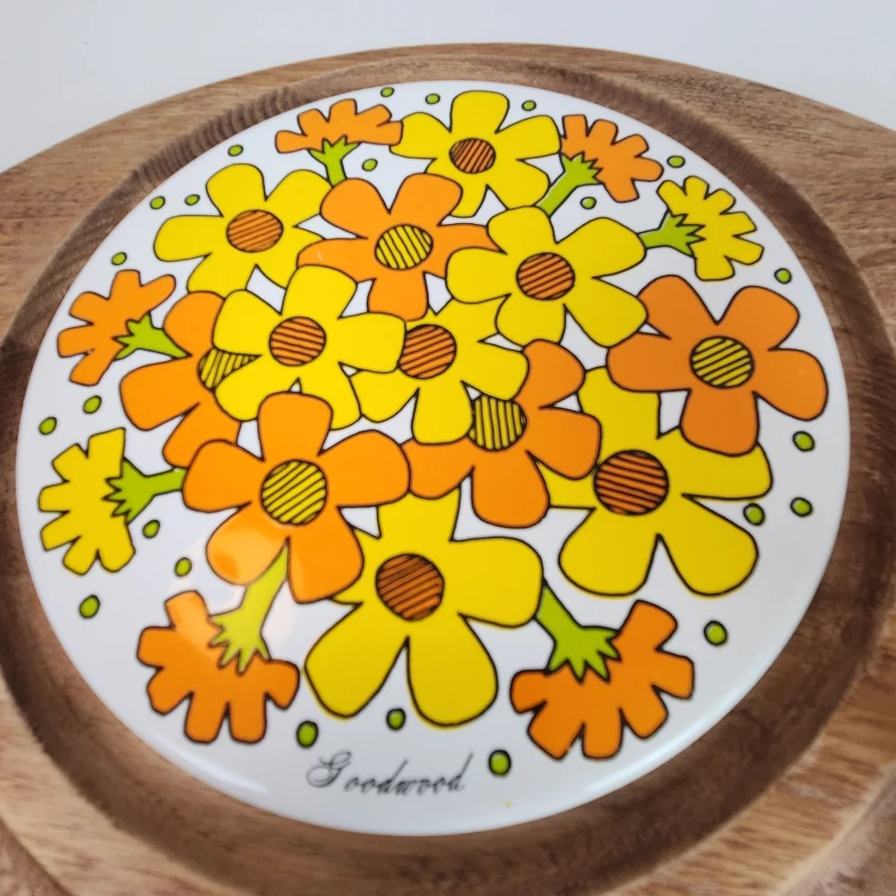  Goodwood Teak Wood Cheese Tray  Glass Cloche Dome Floral Daisy Tile - Picture 3 of 6